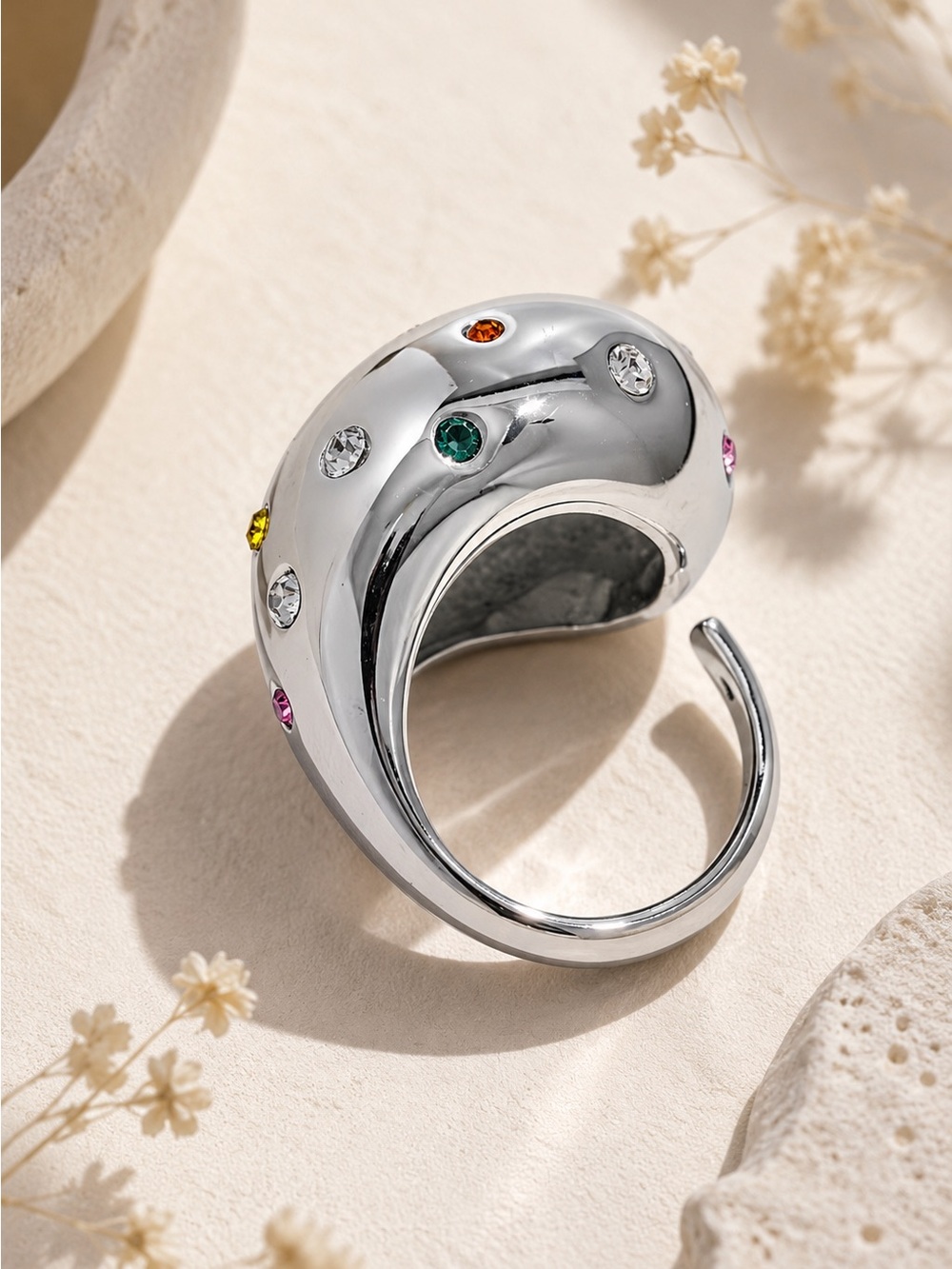 Silver-tone Multicolor Crystal Dome Ring - Picture 4 of 10